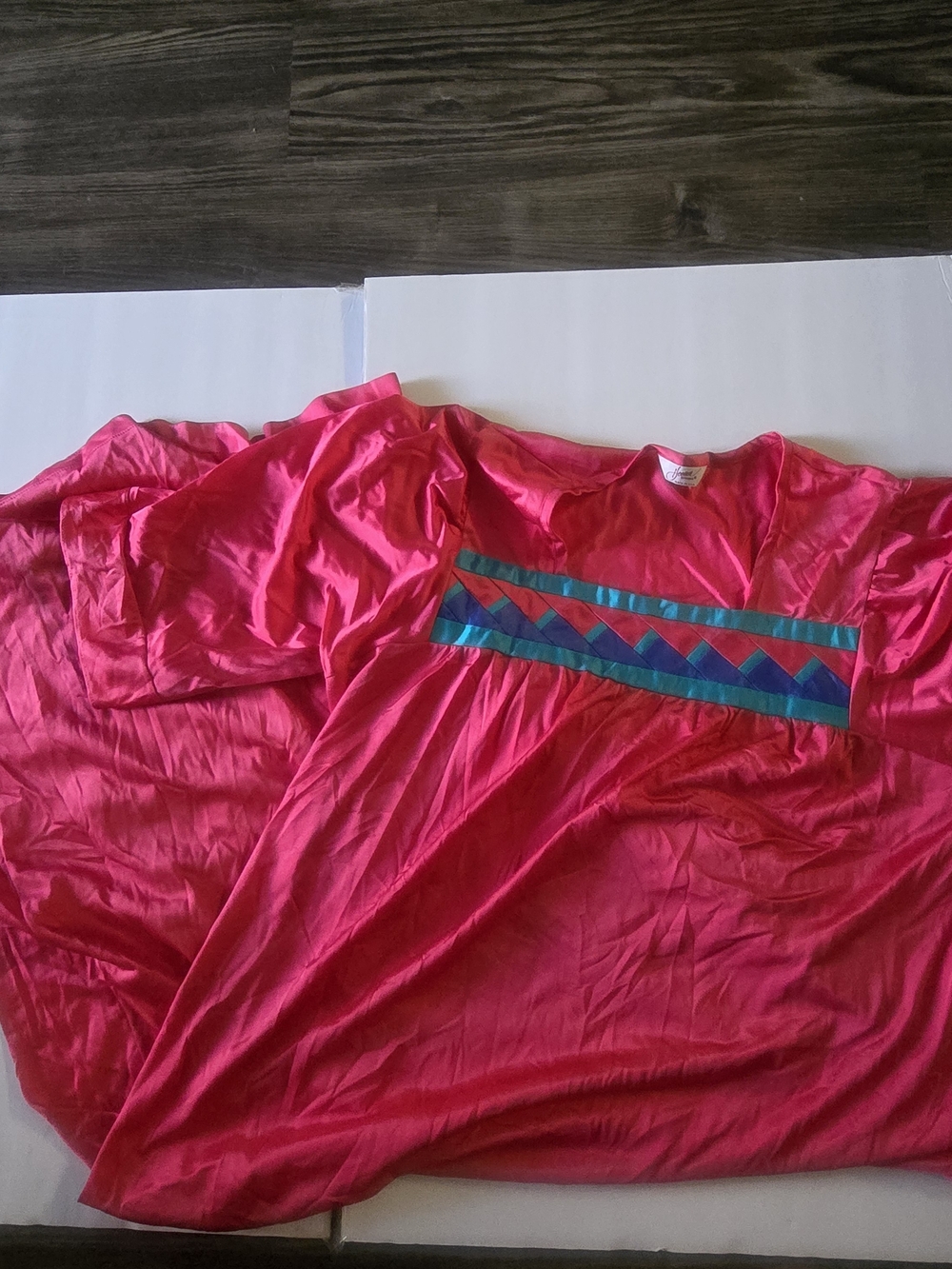 Hot Pink Satin Nightdress with Teal & Blue Trim